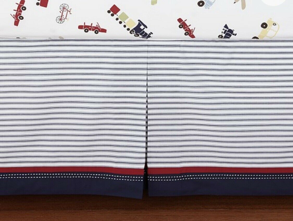 Pottery Barn Kids “backseat Driver” Striped Crib Skirt In Navy Blue, Red, White
